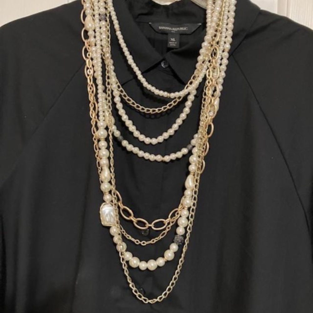 Chico's Faux Pearl Gold Layered Chain Statement Necklace